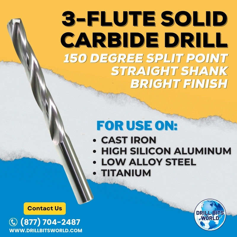 3-Flute Solid Carbide Drill Bit - 150 Degree Point - Straight Shank