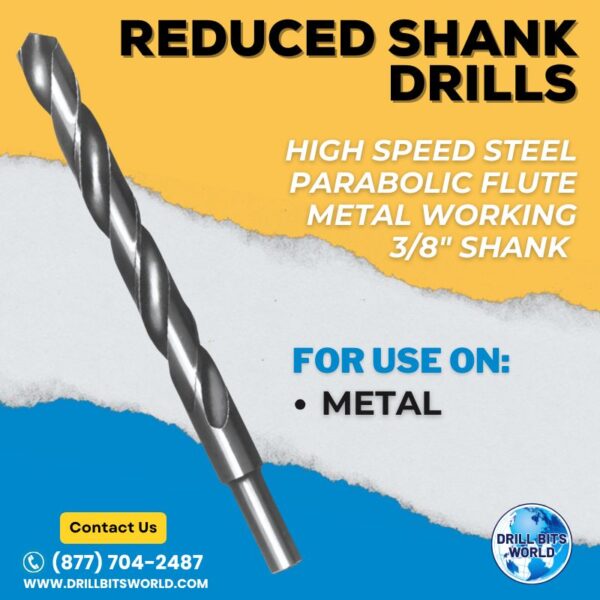 15/32" Diameter - Reduced Shank Drill Bit - 3/8 Shank HS Parabolic Flute 135 Split Point 2 3/8" Shank Metal Working Drills