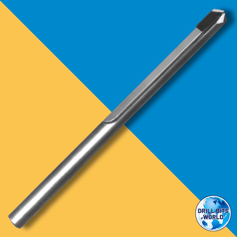 a metal drill bit on a blue and yellow background