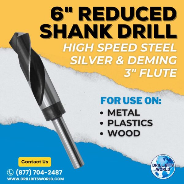 23/32 - Reduced Shank Drill Bit With Flatted Shank - 6" Overall Length - 3" Flute Length 2 Reduced Shank Drill Bit - 1/2" Shank - Silver & Deming